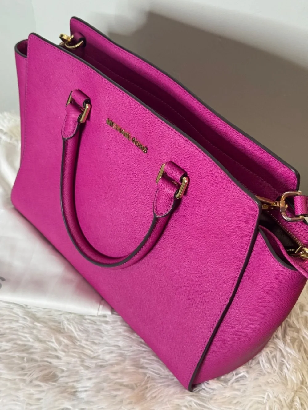 Michael Kors Hot Pink Saffiano Leather Satchel Crossbody Bag with Dust Bag.